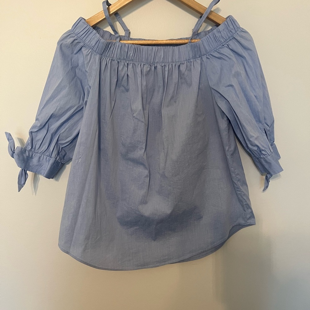 IZ Byer Light Blue Off Shoulder Blouse‎ Womens Large Tie Sleeve Peasant Top